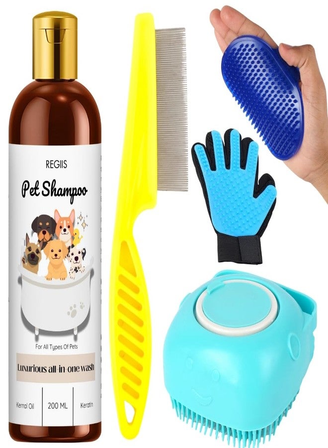 REGIIS Pet Grooming Kit, 5-Piece Dog Bathing Set with Shampoo, Deshedding Glove, Flea Comb, Silicone Brush, Pet Bath Tool for Dogs and Cats(5 PACK) - Image 1
